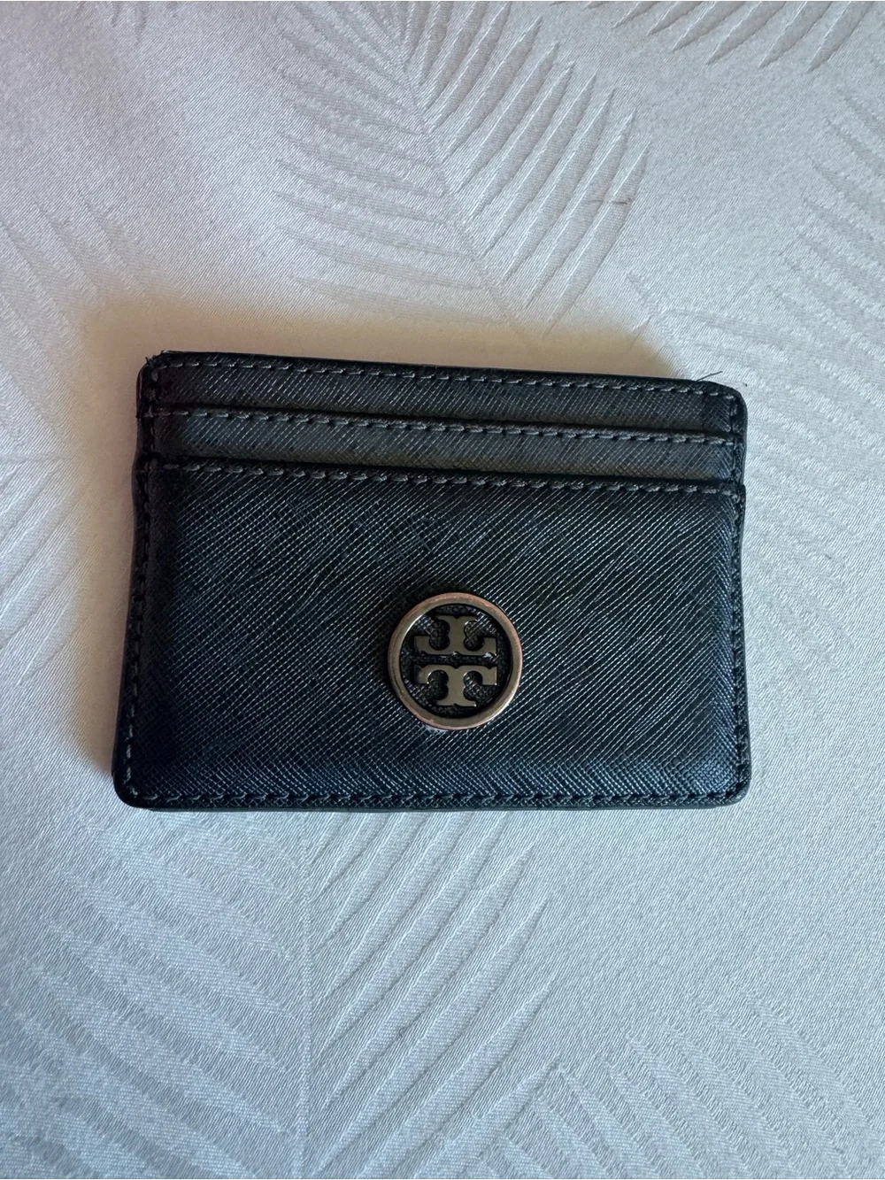 Tory Burch Black Leather Card Holder with Metal Emblem